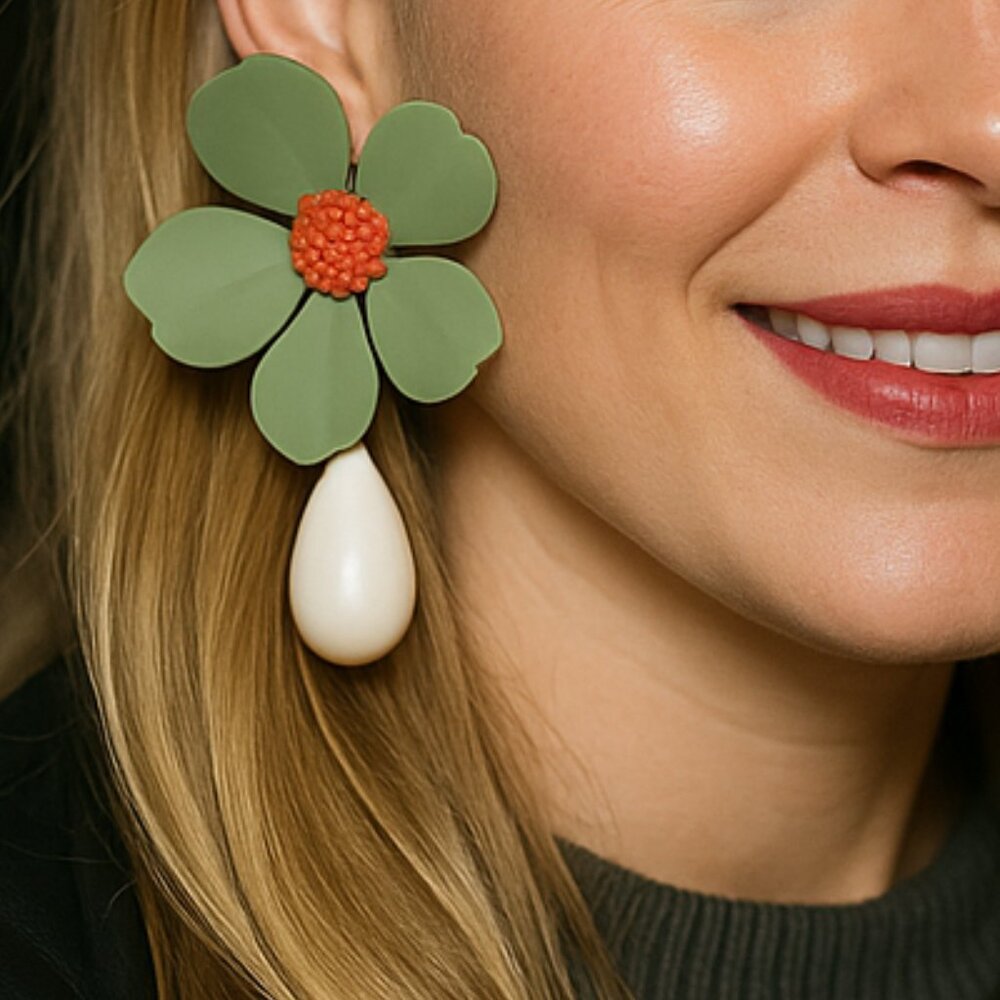 MANGO Floral Statement Drop Earring Fashion Jewelry Pastel Green Coral White Big - Picture 7 of 10